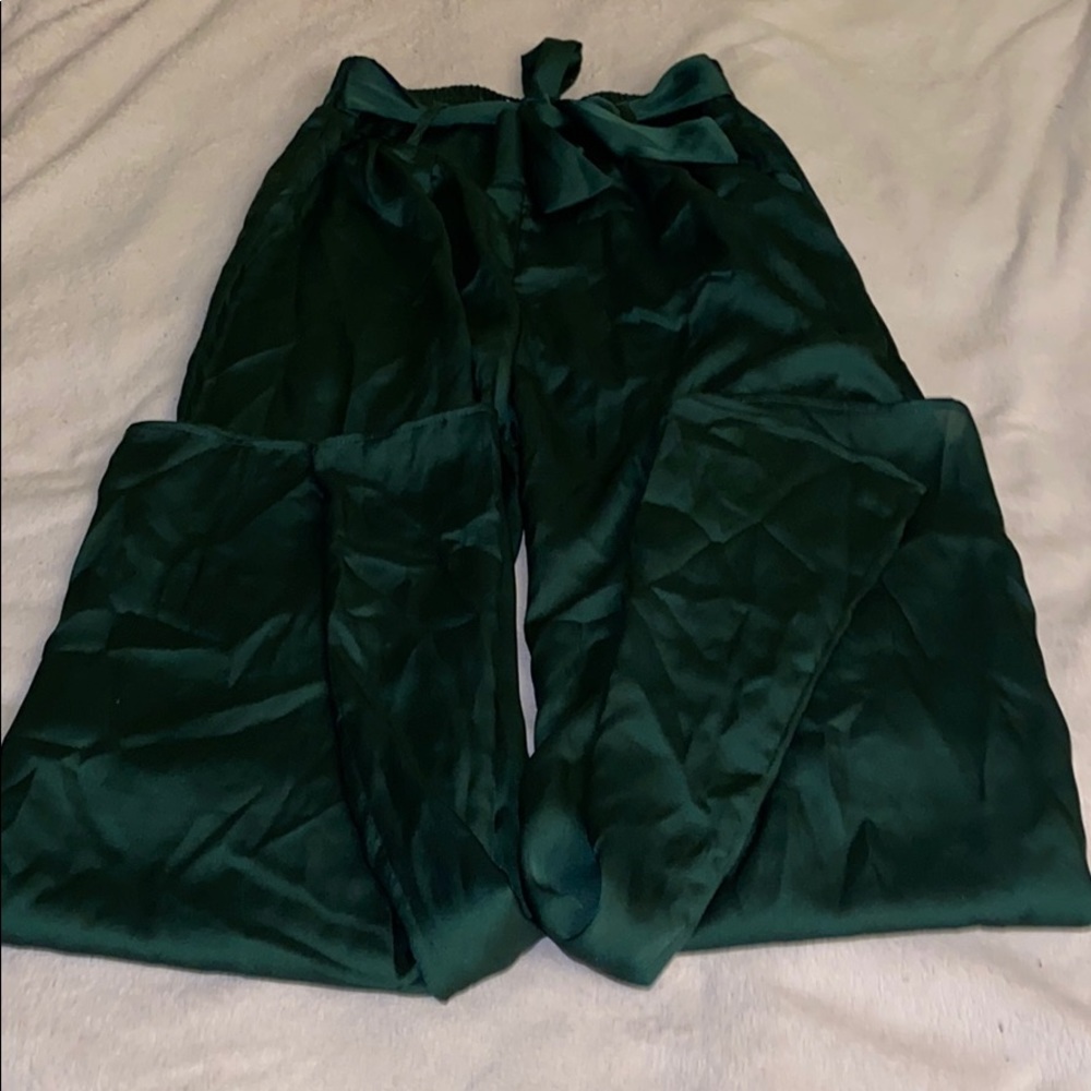 Jade green satin wide leg pants